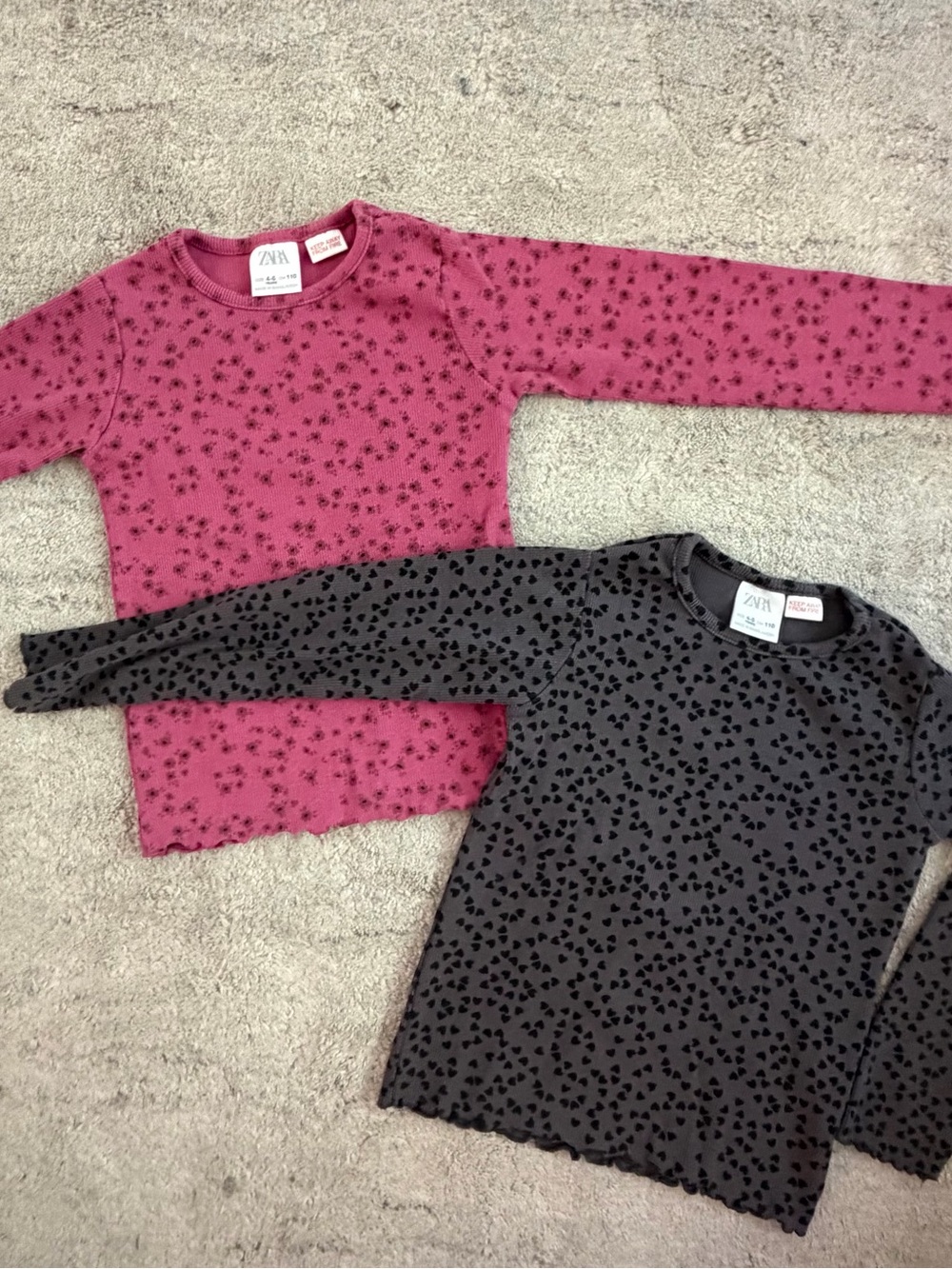 Zara Girls Long-Sleeve Heart Print Tops - Rose Pink & Charcoal